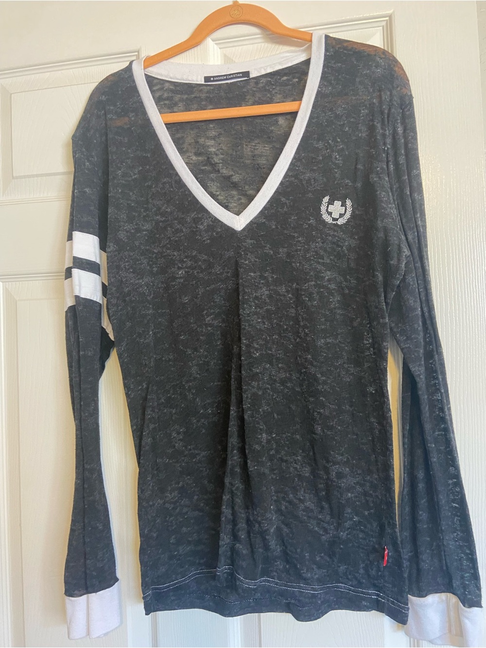 Andrew Christian Charcoal Burnout V-Neck Long-Sleeve Top with White Trim